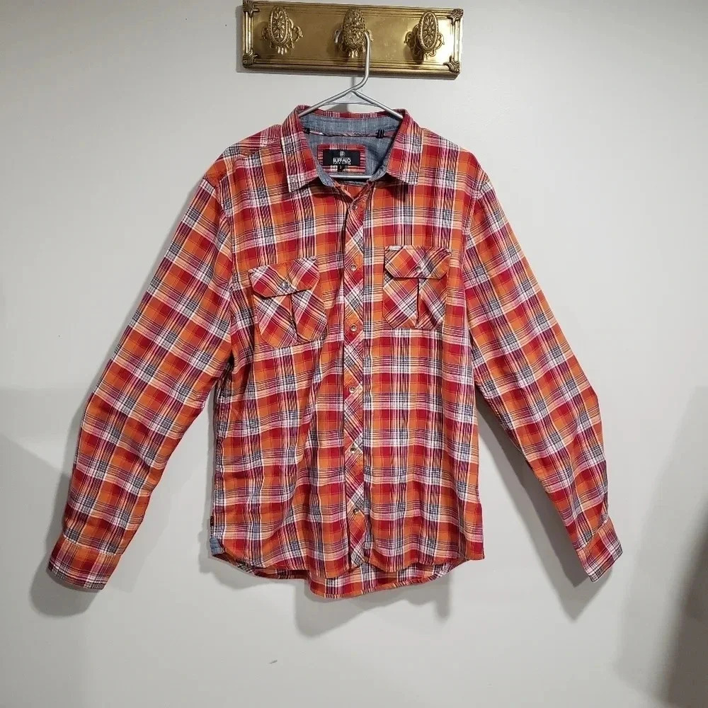 Buffalo David Bitton Mens Size L Long Sleeve Button Down Orange Plaid Shirt.